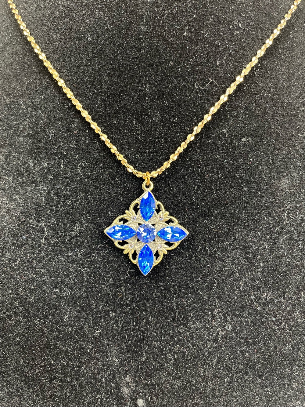 Rare Vintage Anne Koplik Brass Necklace Romantic Royal Blue Pendant 16”-18" USA - Picture 2 of 6